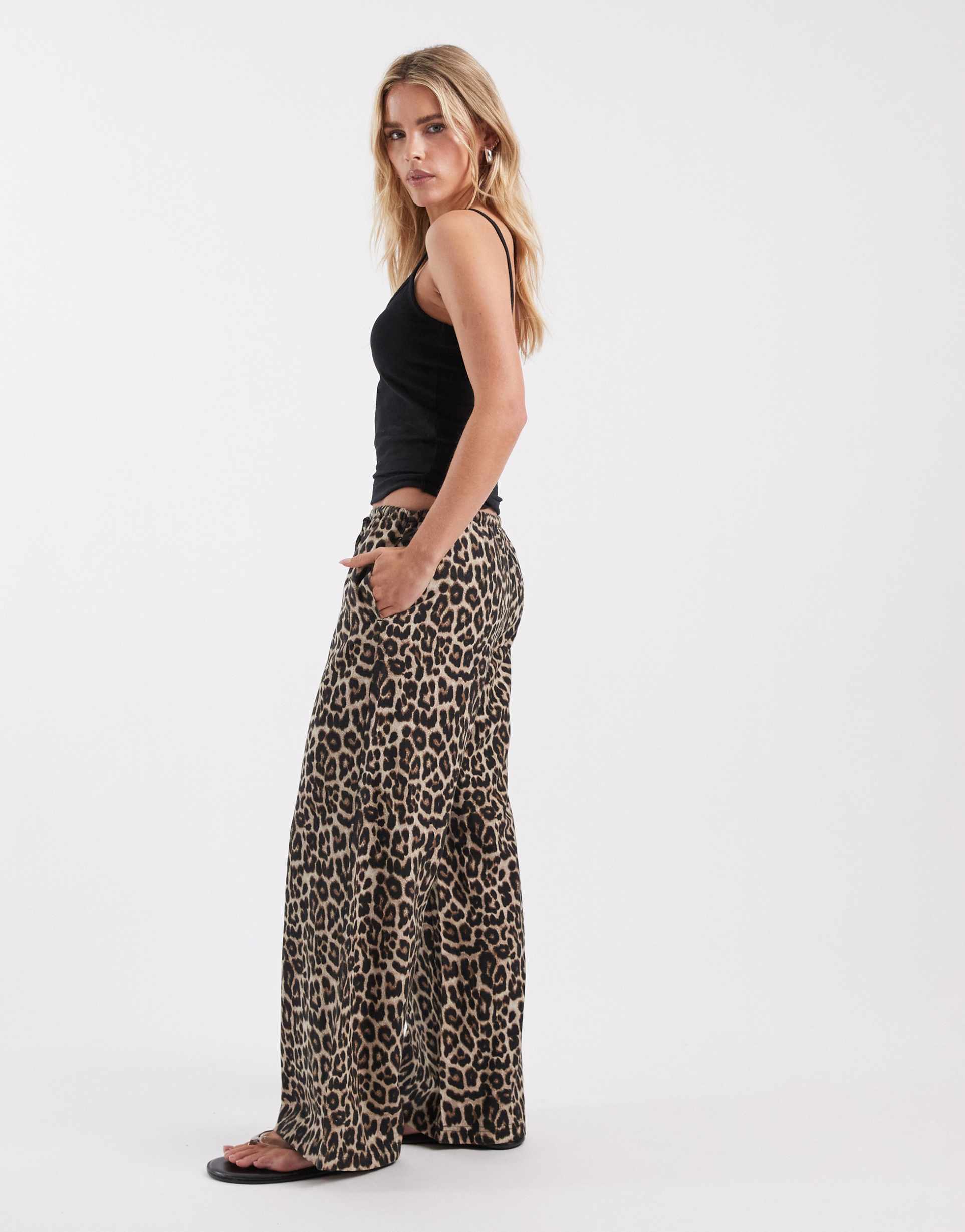 only petite tie detail pull on pants in leopard print