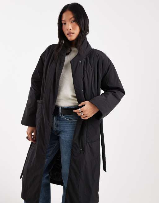 ONLY Petite tie waist longline coat in black, 4 of 4