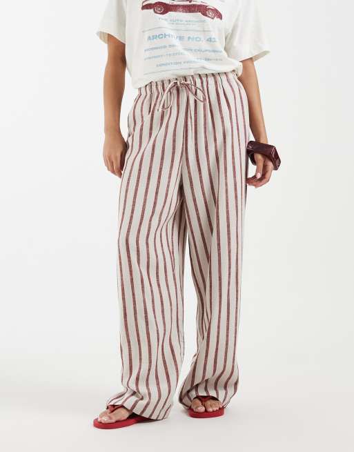 ONLY Petite tie waist pants with linen in beige and red stripe, 2 of 5