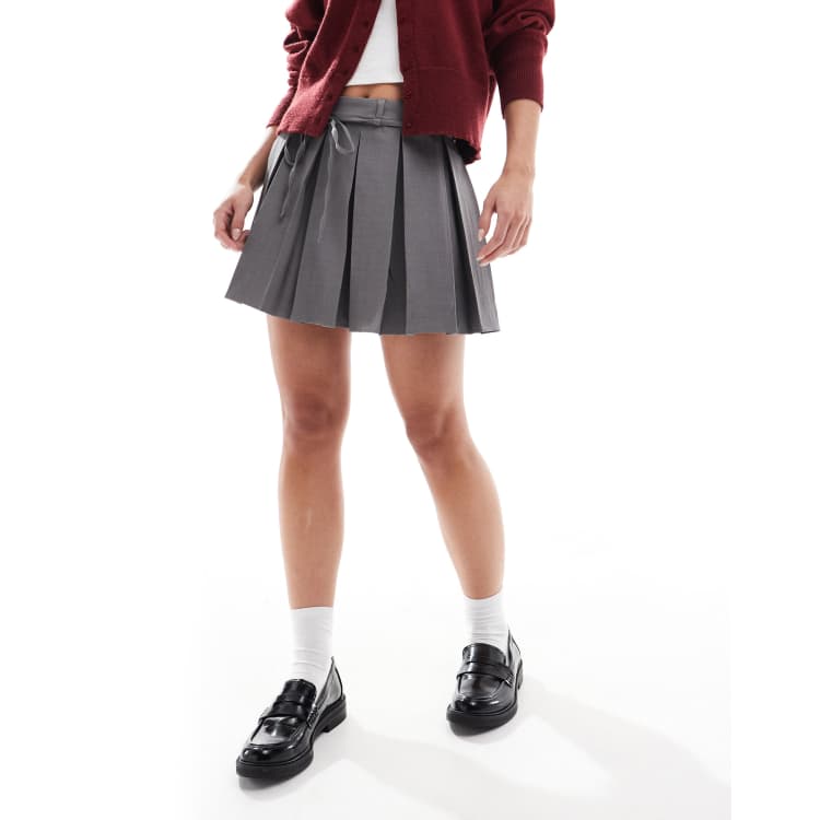ONLY Petite tie waist pleated mini skirt in gray | ASOS
