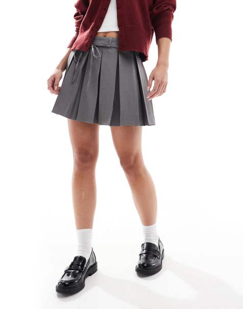 ONLY Petite tie waist pleated mini skirt in grey - view 1