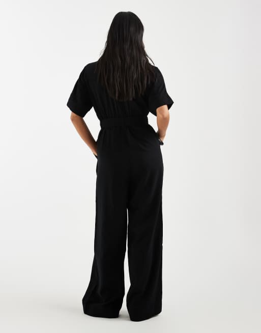 ONLY Petite tie waist short sleeve jumpsuit in black, 4 of 4