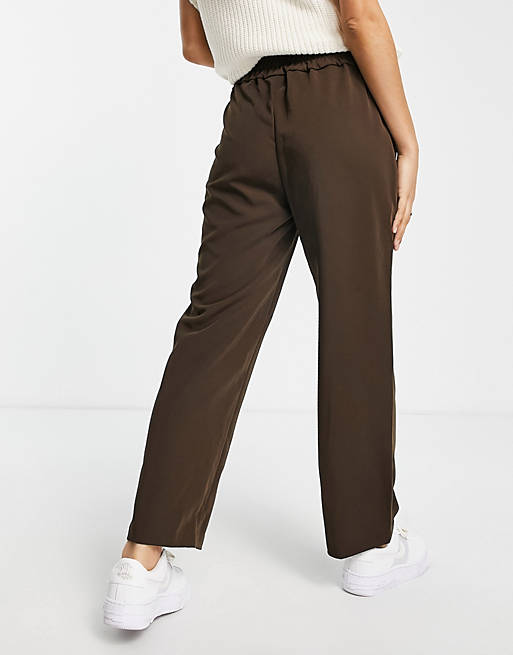 Trousers & Leggings Only Petite tie waist straight leg trousers in chocolate brown 
