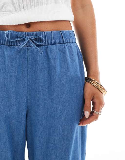 ONLY Petite tie waist wide leg denim pants in mid blue, 4 of 5