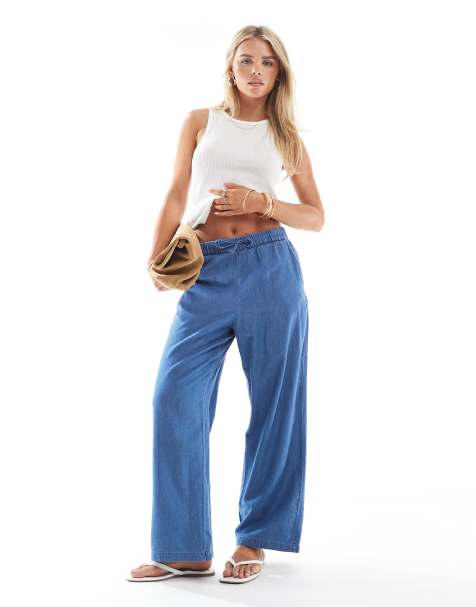 ONLY Petite tie waist wide leg denim trousers in mid blue - view 1