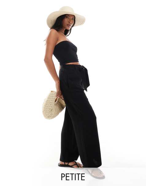 ONLY Petite tie waist wide leg linen trousers in black - view 1