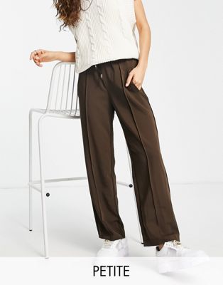 Only Petite tie waist straight leg trousers in chocolate brown