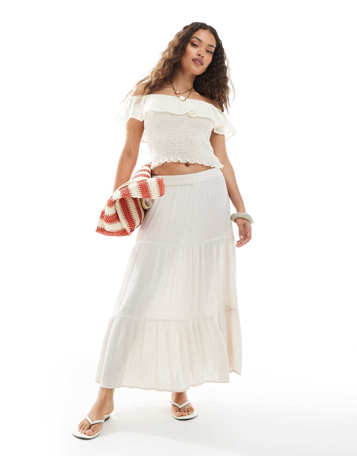 ONLY Petite tiered maxi skirt in cream