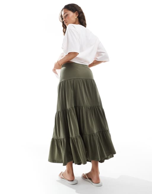 ONLY Petite tiered maxi skirt in khaki green | ASOS