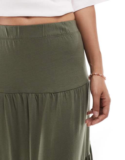 ONLY Petite tiered maxi skirt in khaki green | ASOS