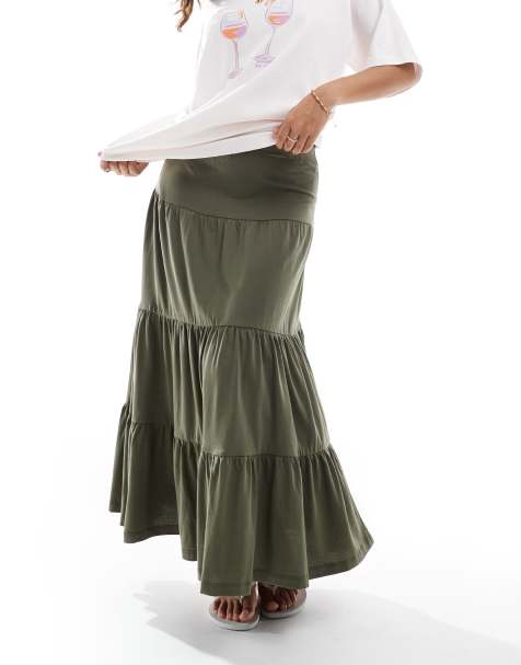 ONLY Petite tiered maxi skirt in khaki - view 1