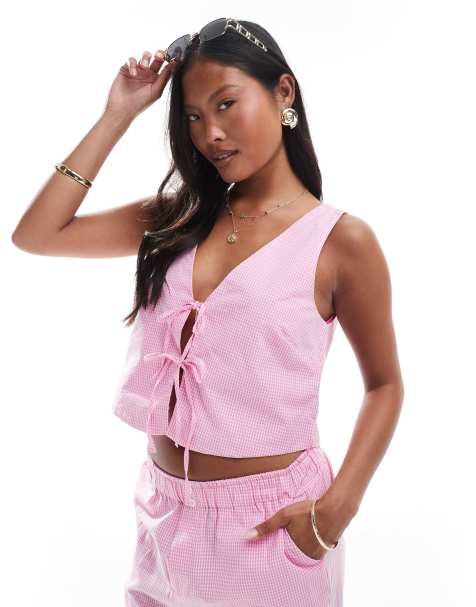 ONLY Petite - Top met gestrikte voorkant in roze gingham ruit, deel van co-ord set - view 1