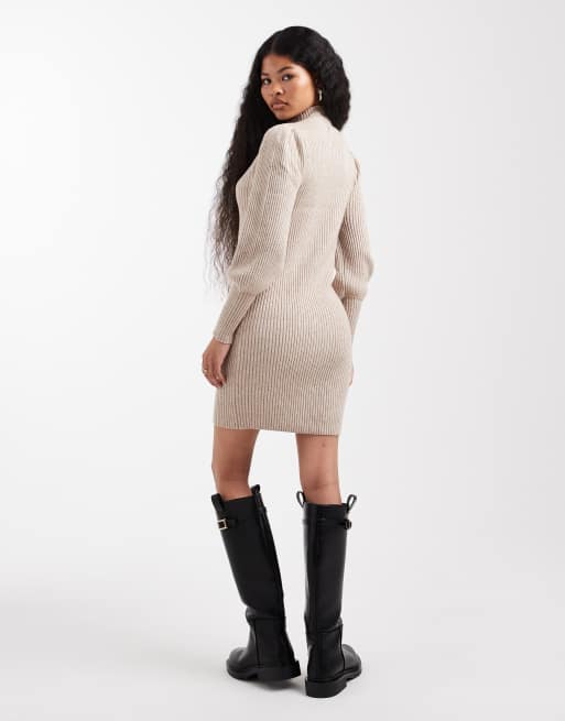 ONLY - Petite - Trui met pofmouwen en hoge hals in beige, 2 van 4