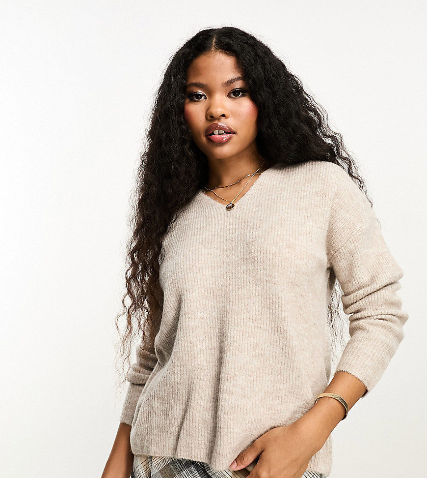 Only Petite V Neck Sweater In Stone Heather-neutral