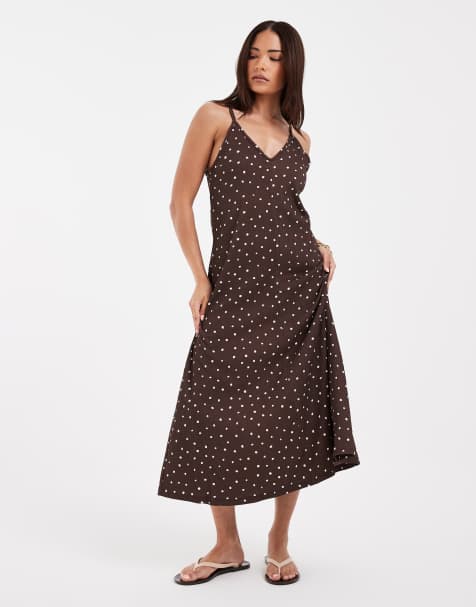 ONLY Petite - Vestido semilargo marrón con estampado de lunares - view 1