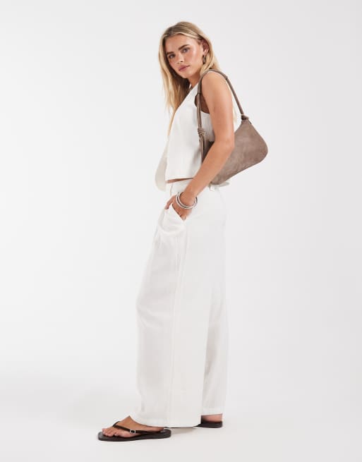 ONLY Petite – Vita, figursydda byxor med vida ben i linnemix, del av set, 2 av 5