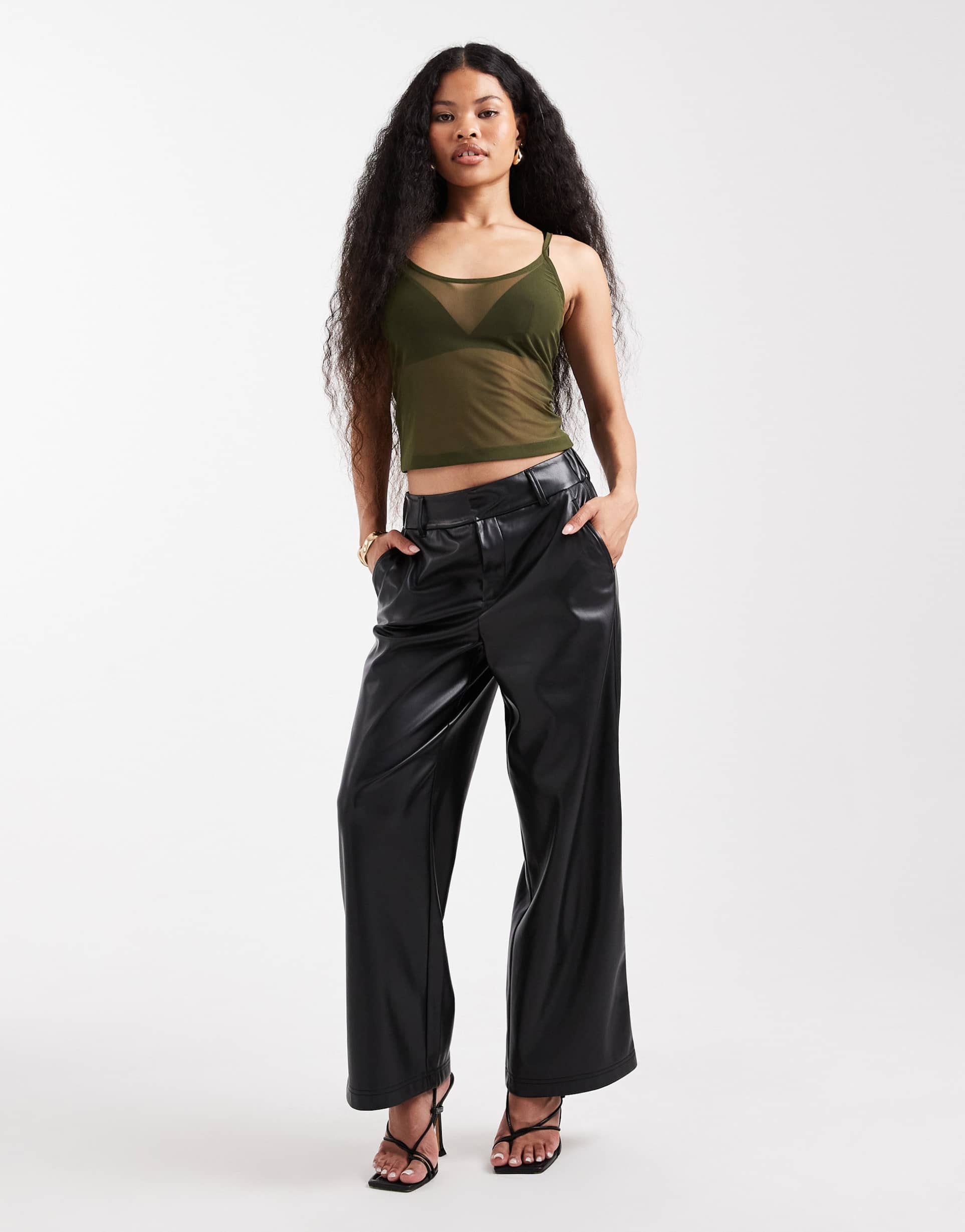 only petite wide leg faux leather pants in black