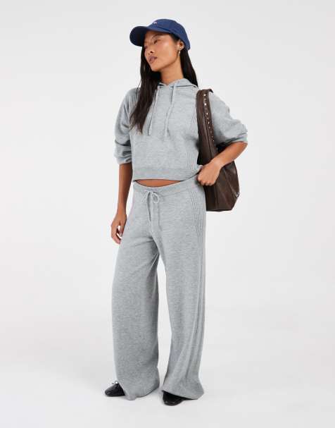 ONLY Petite wide leg knitted trousers co-ord in mid grey - view 1