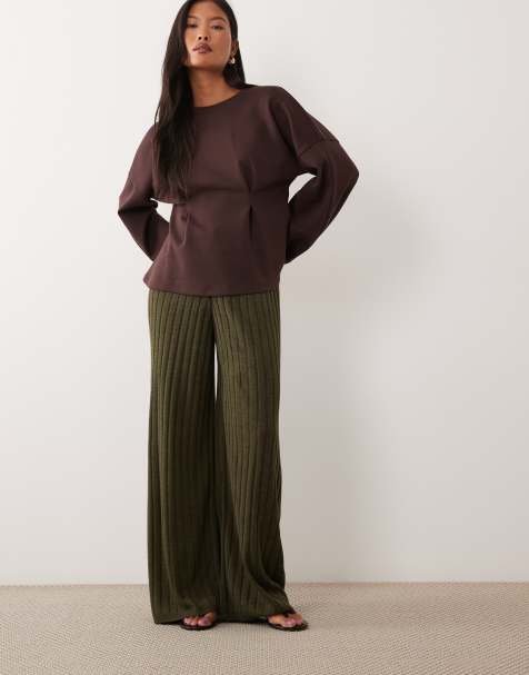 ONLY Petite wide leg knitted trousers in dark green - view 1