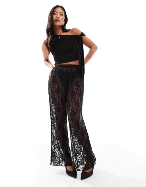 ONLY Petite wide leg lace pants in black