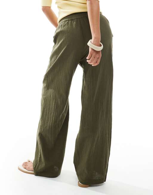ONLY Petite wide leg linen look pants in khaki, 3 of 5