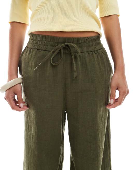ONLY Petite wide leg linen look pants in khaki, 5 of 5
