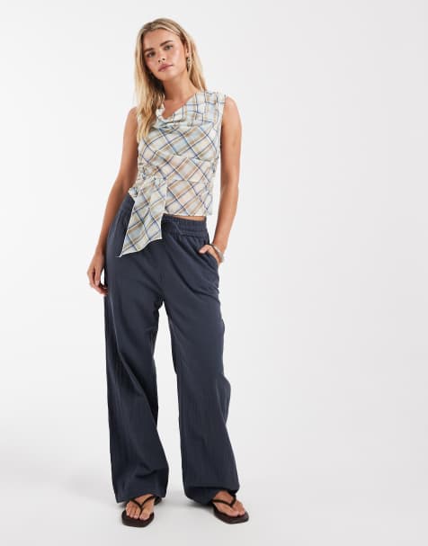 ONLY Petite wide leg linen look trousers in washed navy - view 1