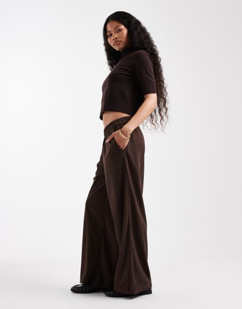 ONLY Petite wide leg pull on cord trouser in brown - view 1