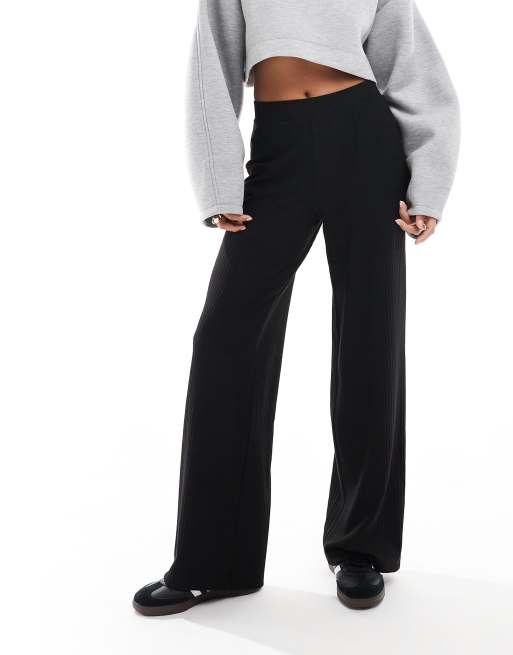 ONLY Petite wide leg ribbed trouser in black