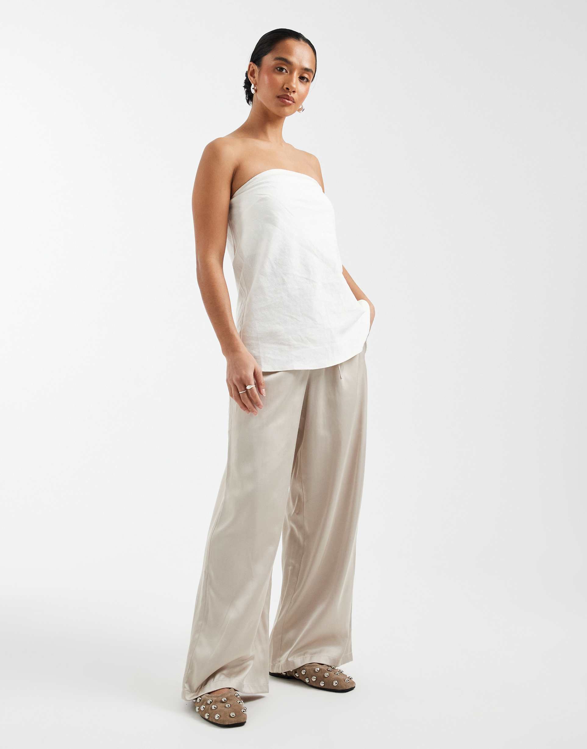 only petite wide leg satin feel pants in champagne