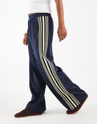 Only Petite Wide Leg Satin Pants With Side Stripes In Navy