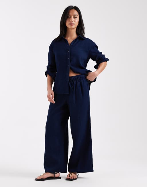ONLY Petite wide leg seersucker pants in navy - part of a set