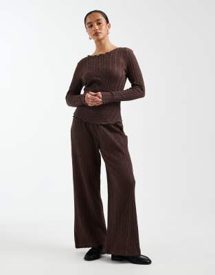 Only Petite Wide Leg Textured Pants In Brown