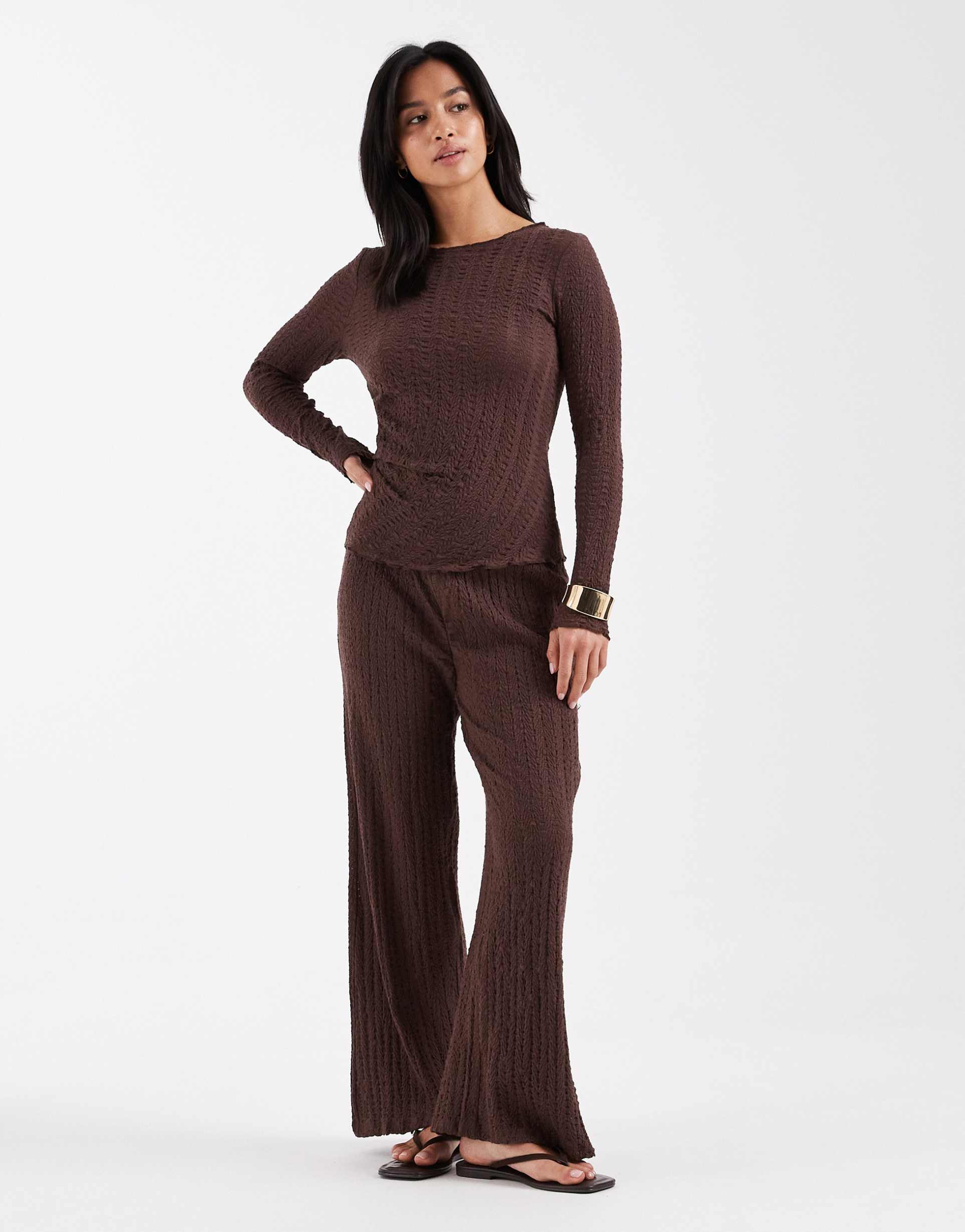 only petite wide leg textured pants in chocolate - part of a set
