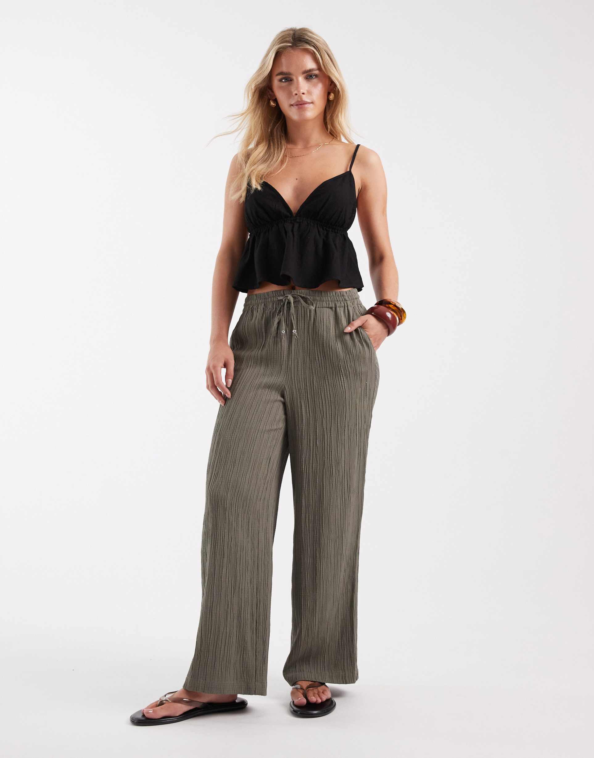 only petite wide leg textured pants in olive green