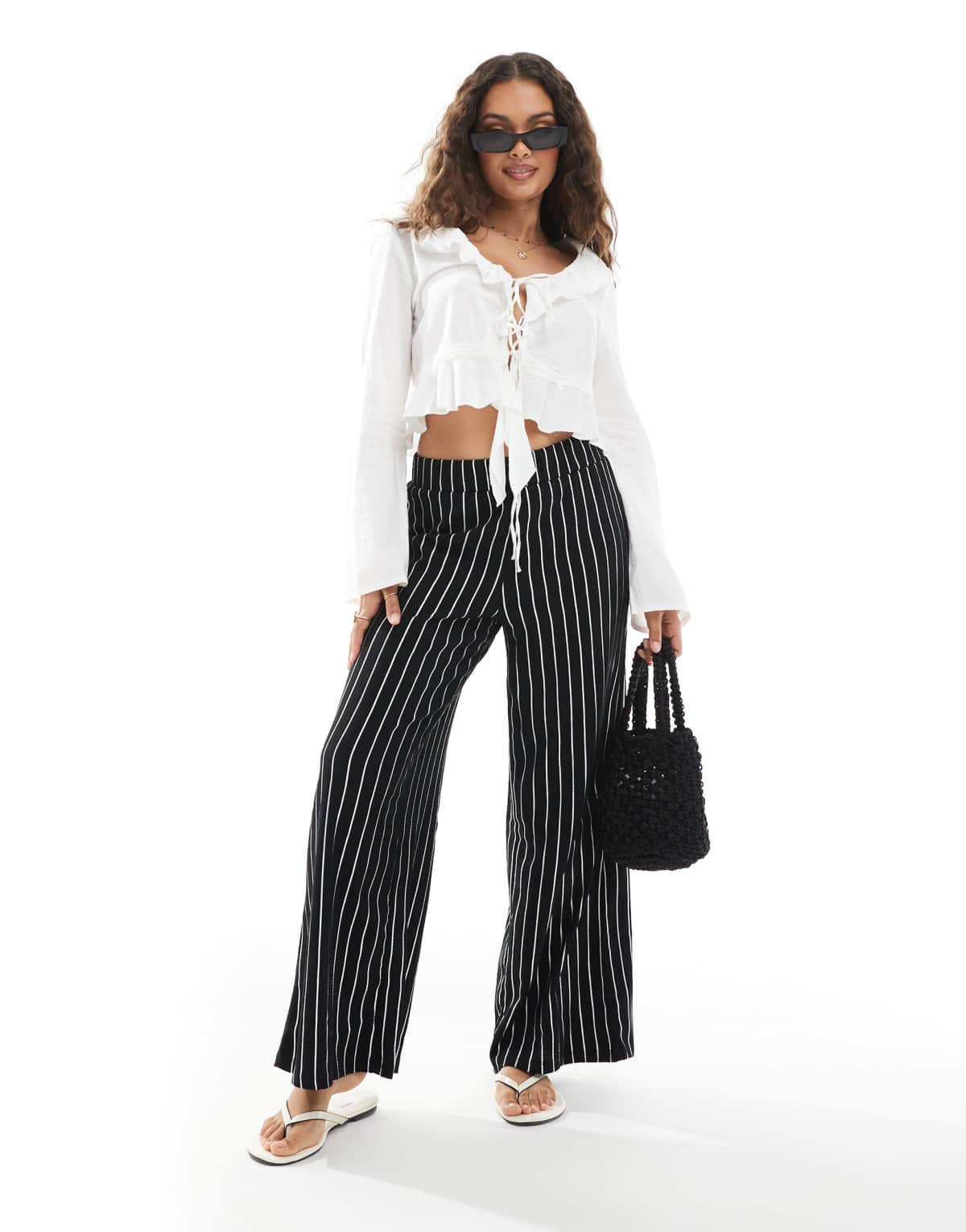 ONLY Petite wide leg textured trouser in black stripe