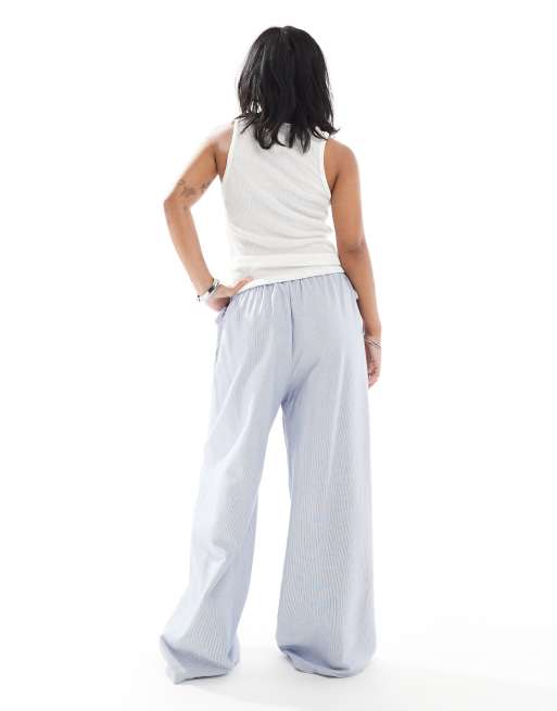 ONLY Petite wide leg tie detail pants in blue stripes, 4 of 5