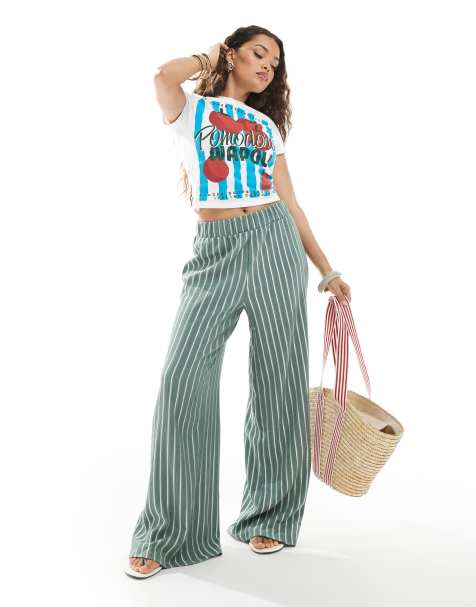 ONLY Petite wide leg textured trouser in green stripe
