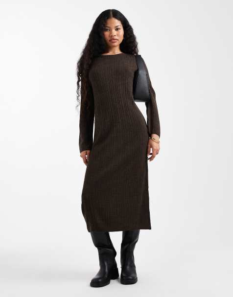 ONLY Petitie knitted maxi dress in chocolate brown - view 1