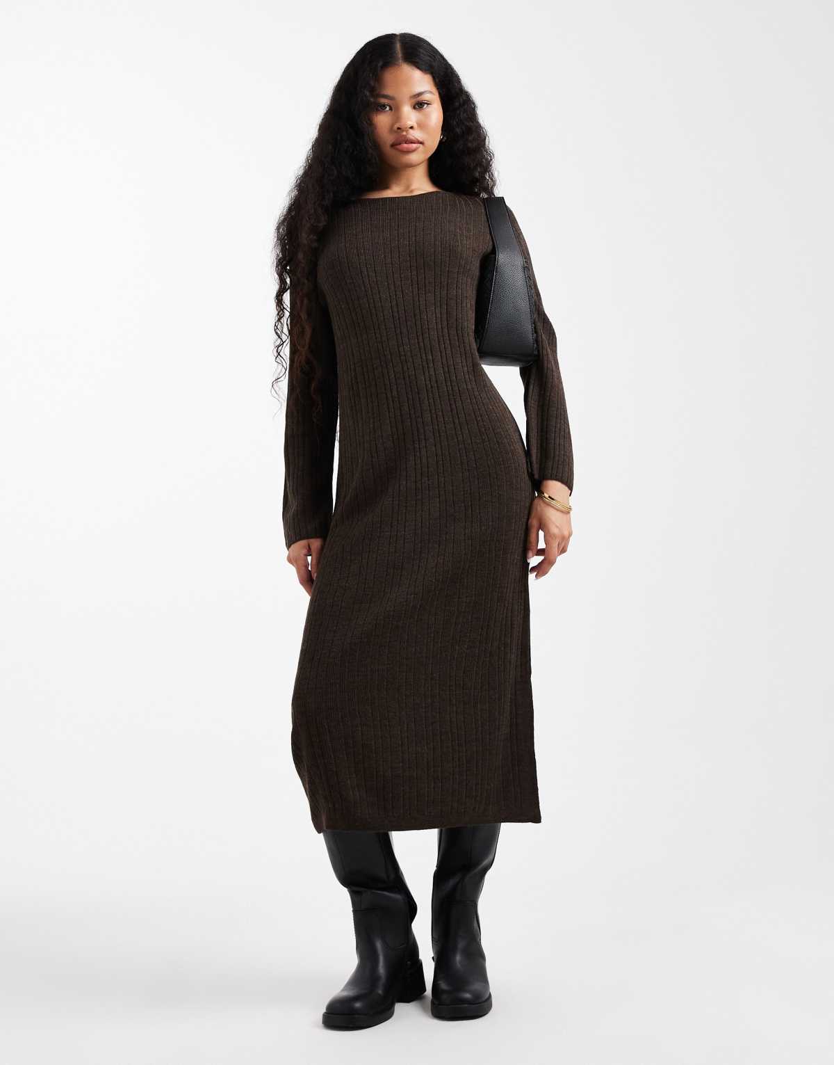 ONLY Petitie knitted maxi dress in chocolate brown