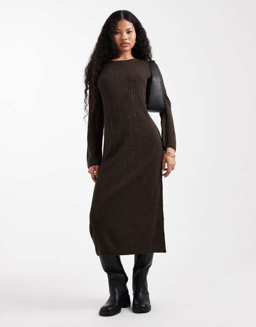 ONLY Petitie knitted maxi dress in chocolate brown
