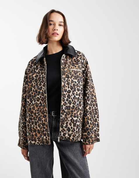 ONLY quilted canvas jacket with faux leather collar in animal print