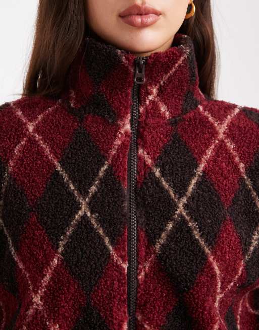 ONLY - Pile effetto teddy bordeaux a quadri con zip, 3 di 4