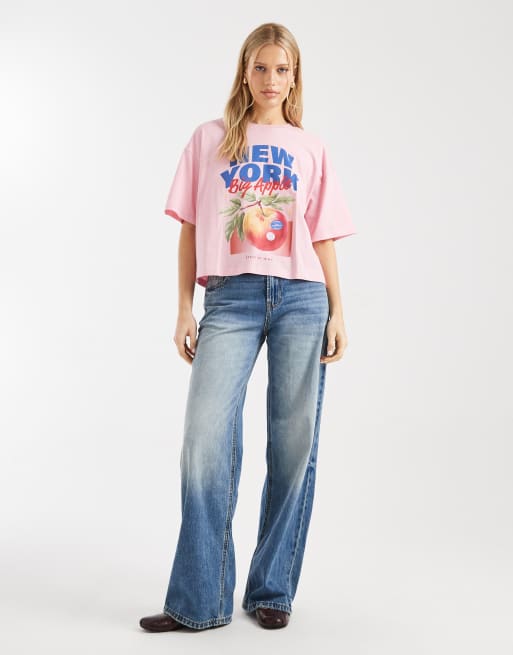 ONLY - Pink T-shirt med æbleprint og firkantet pasform, 3 af 4