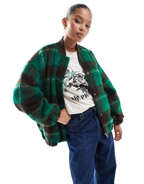 ONLY plaid bomber jacket in green - view 1