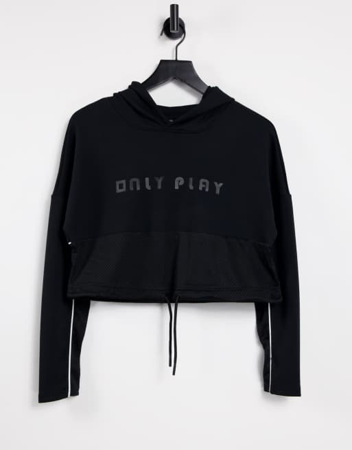 Only Play - Felpa corta nera con cappuccio e fondo in rete con cordoncini
