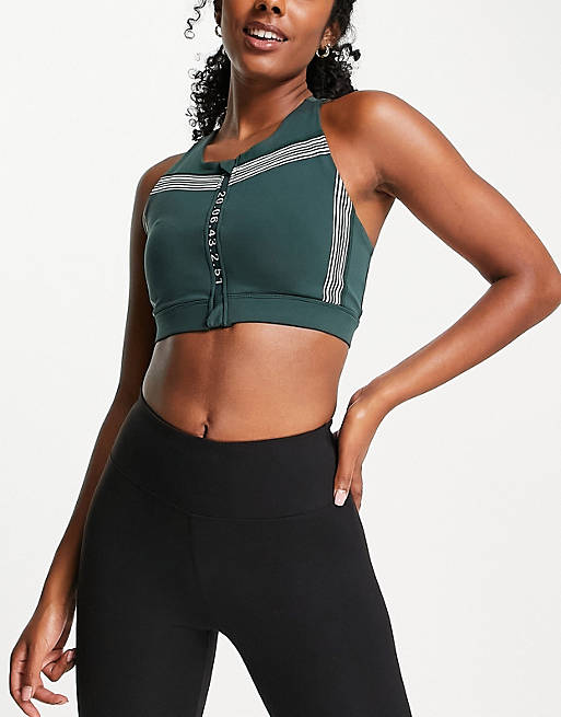 Only Play high intensity zip front sports bra with taping in forest green