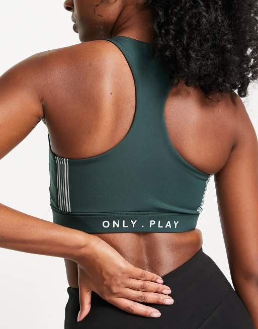 Only Play high intensity zip front sports bra with taping in forest green, 4 of 4