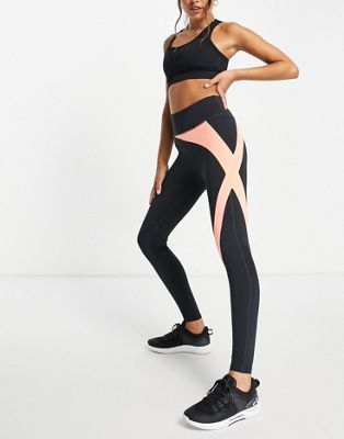 Only Play high waisted legging in black & coral colour block
