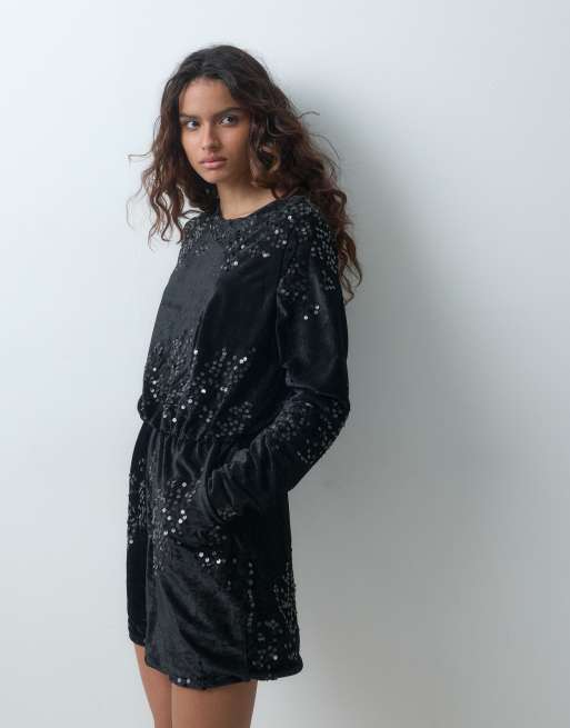 ONLY playsuit met lovertjes en lange mouwen in zwart, 4 van 4